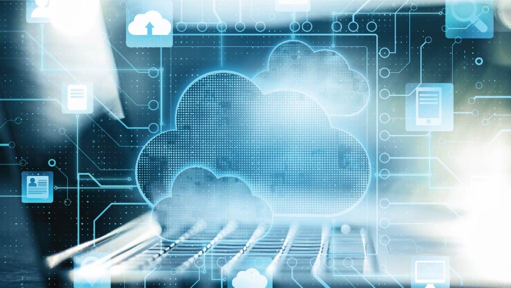  A conceptual image representing a data ecosystem for cloud services, with a cloud-shaped digital circuit board at the center and various icons representing different types of data and cloud services.